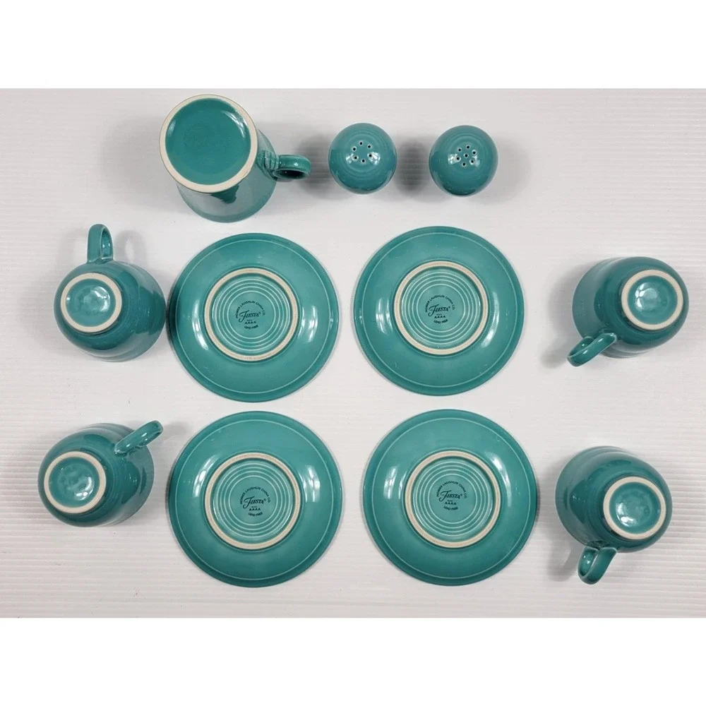 Fiestaware Turquoise Coffee‎ Cup Saucer Set of 4 w/ Mug Salt Pepper Shakers